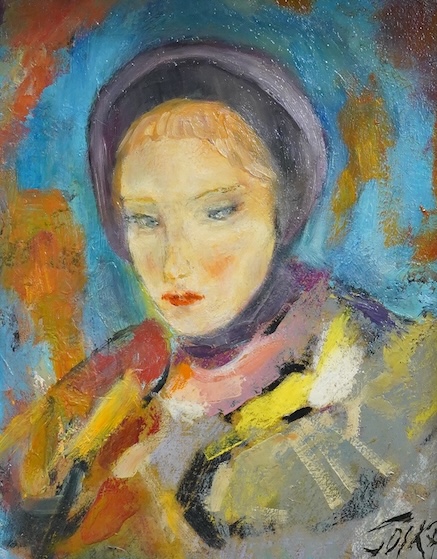 Jolka?, Head and shoulders portrait of a lady, signed, impressionist oil on board, 22 x 17cm